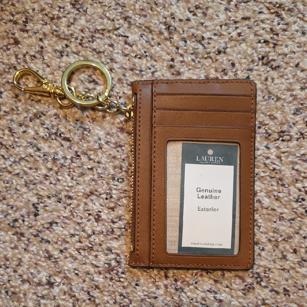 Ralph Lauren Tan Leather Card Wallet with Gold Hardware Keyring - Picture 3 of 4